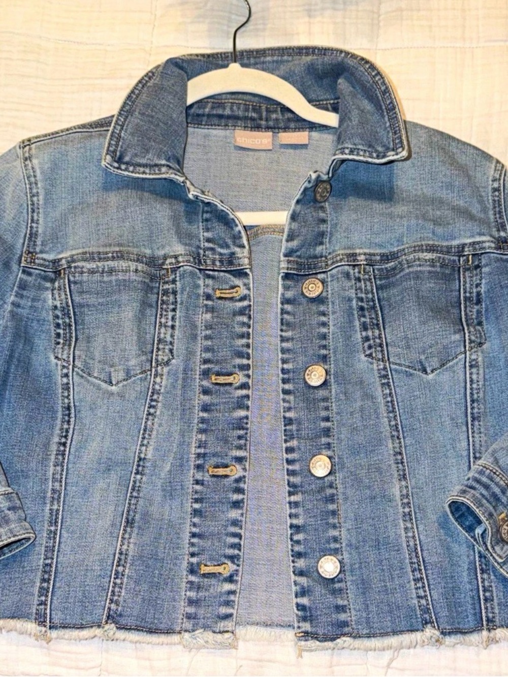 Chico's Classic Light Blue Denim Jacket 3/4 Sleeves